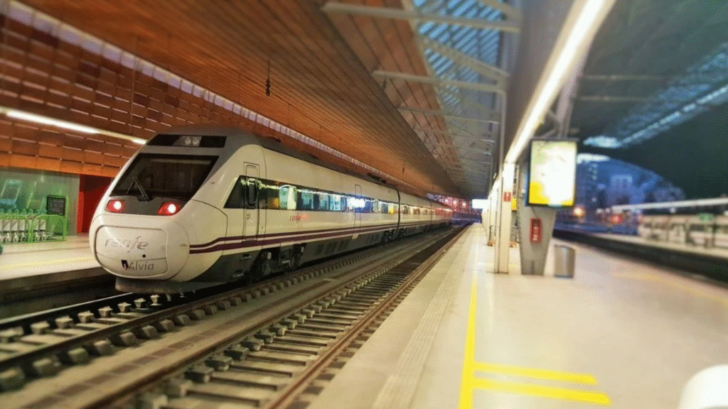 Pamplona Running of the Bulls 2026: Complete Travel Guide & Cultural Context photo | Cosmopolitours Renfe Alvia high-speed train arriving at Pamplona station, a key travel route for San Fermín festival visitors in Spain.