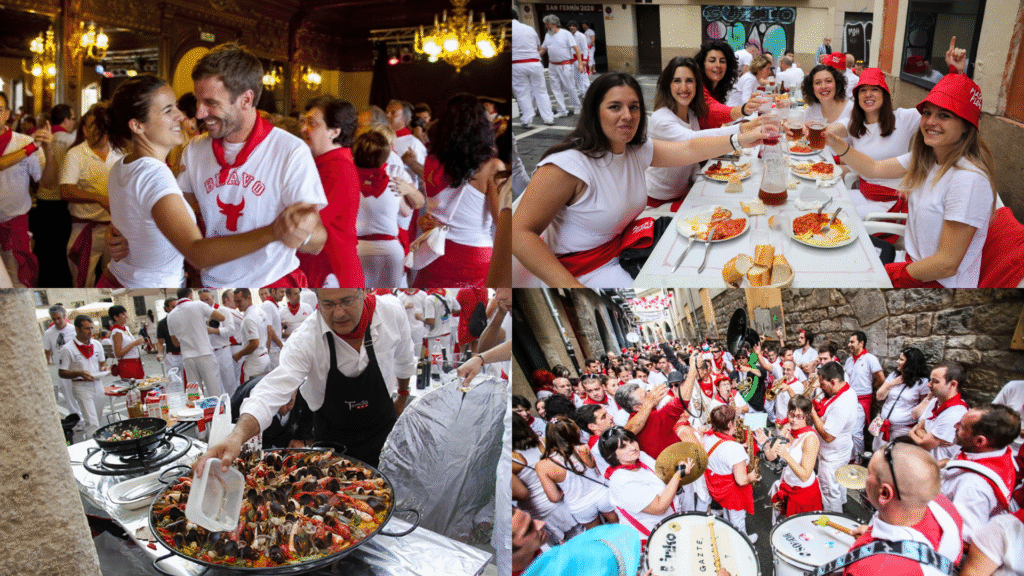 Pamplona Running of the Bulls 2026: Complete Travel Guide & Cultural Context photo | Cosmopolitours Collage of San Fermín festivities showing locals dancing, friends sharing a meal, chefs preparing seafood paella, and street musicians performing, highlighting the festival’s rich cultural life beyond the bull runs.