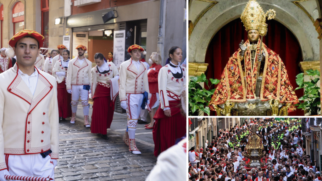 Pamplona Running of the Bulls 2026: Complete Travel Guide & Cultural Context photo | Cosmopolitours Young people in ceremonial uniforms during the Day of San Fermín procession in Pamplona, with images of the patron saint’s statue and his solemn religious parade.