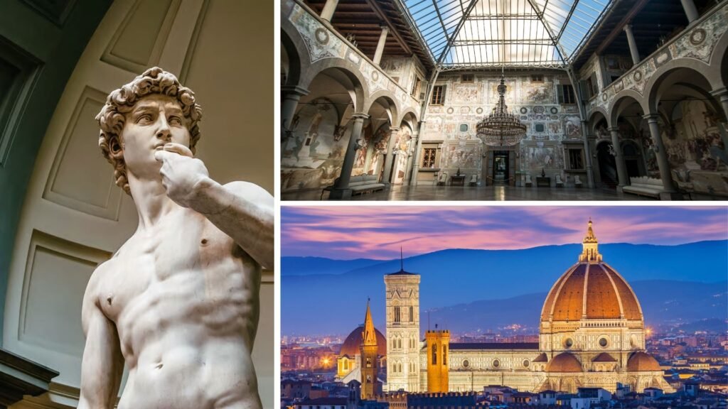 Michelangelo’s David at the Accademia, Renaissance palaces with frescoed courtyards, and the Duomo cathedral at sunset, part of Cosmopolitours’ exclusive Italy tour.