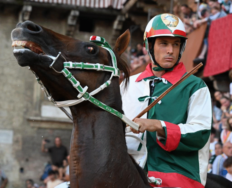 The winning jockey of the July 2025 Palio di Siena representing L’Oca Contrada, celebrating victory on horseback in Piazza del Campo.