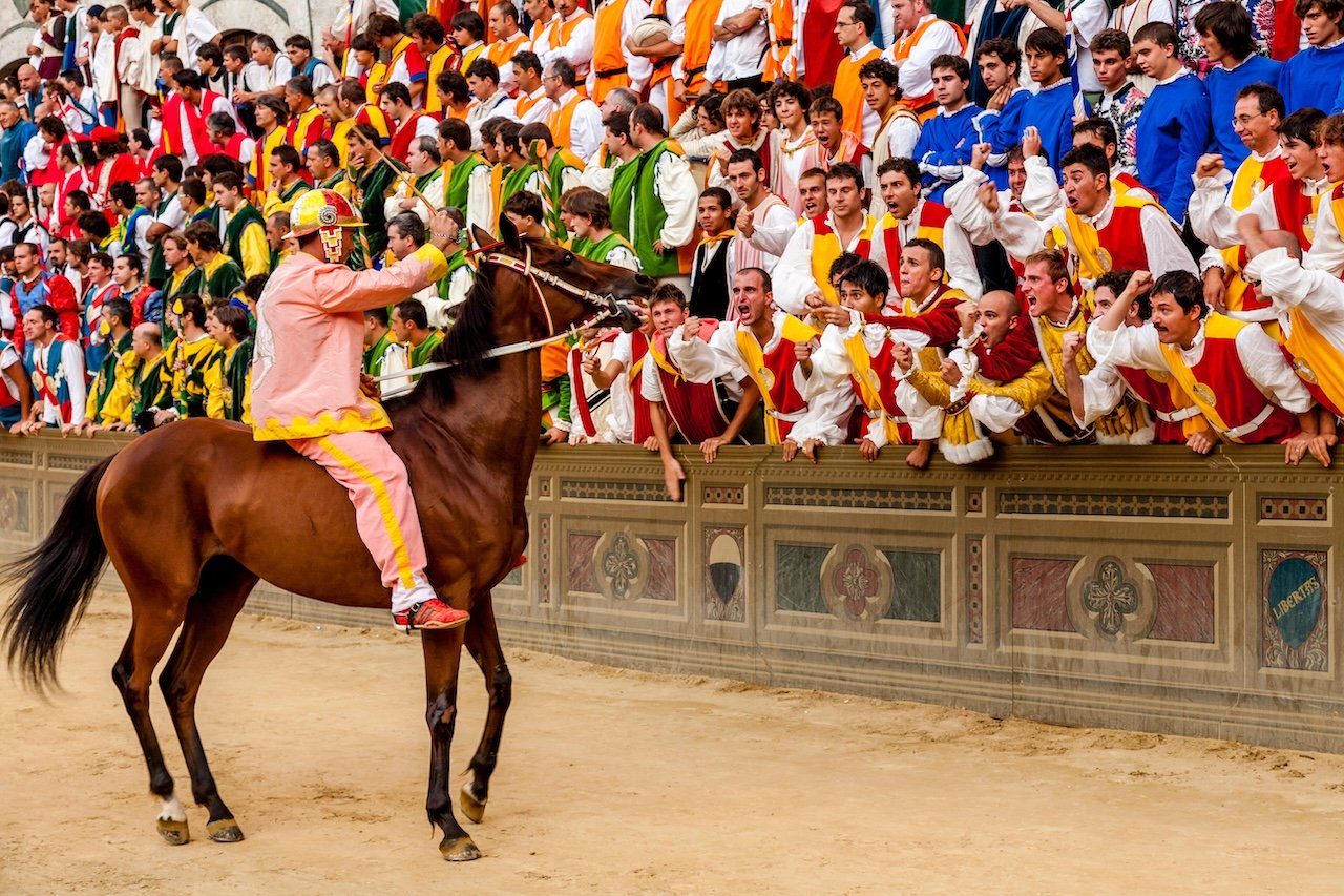 Palio di Siena 2026 Jockey on horseback during the Palio di Siena with Contrada members cheering passionately in Piazza del Campo.