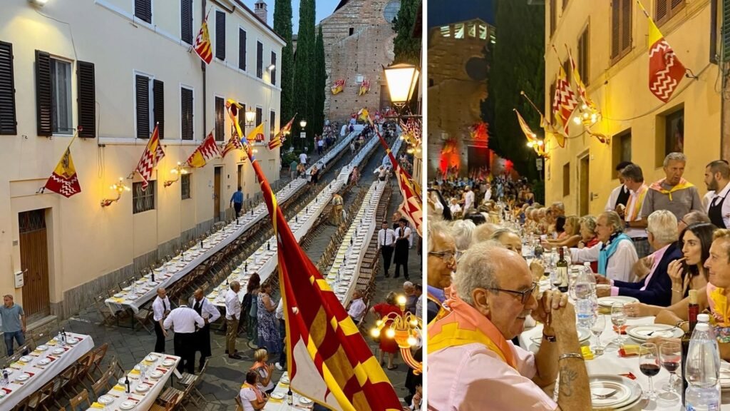 Sienese families and guests sharing a long-table Contrada dinner in the streets of Siena during the Palio di Siena festival.