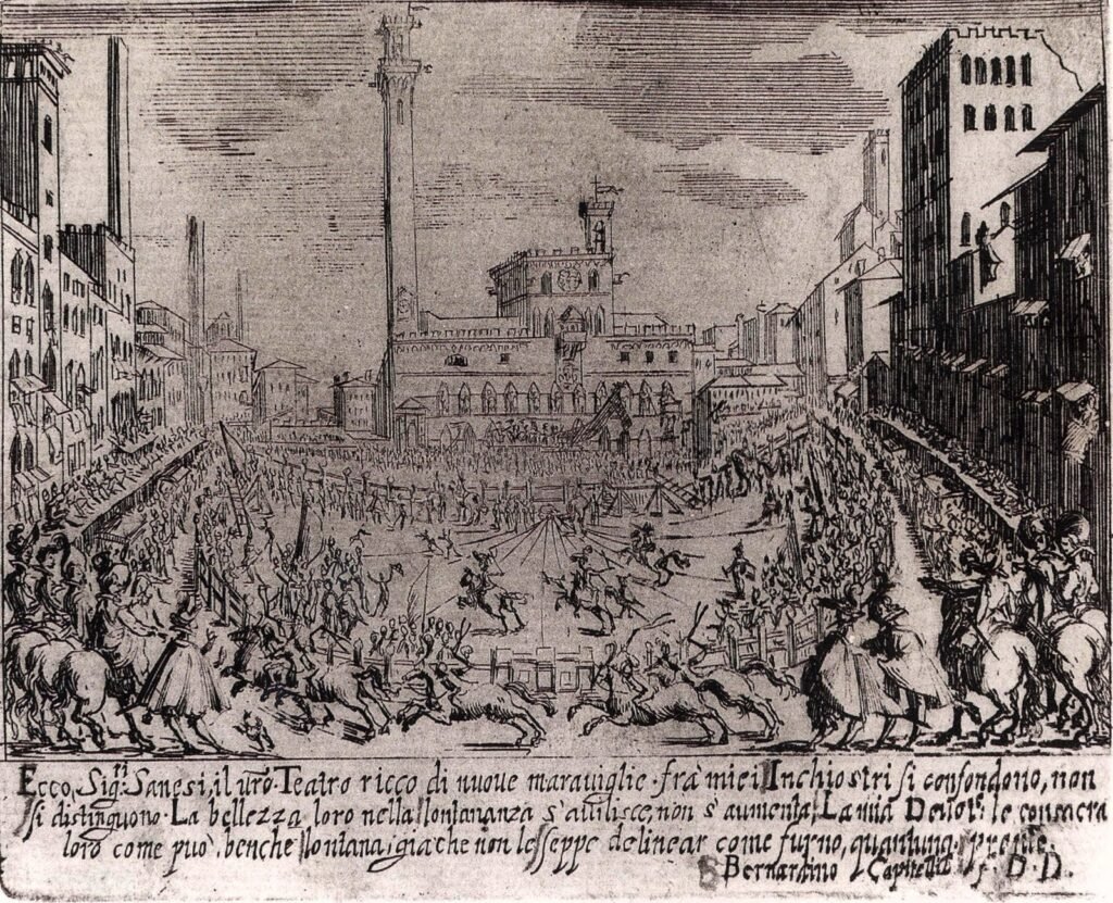 Historic engraving of the Palio di Siena in Piazza del Campo, depicting the origins of the horse race tradition in 17th-century Italy.
