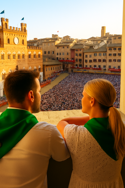 Couple watching the Palio di Siena from a private balcony overlooking Piazza del Campo, with exclusive views of the historic horse race.
